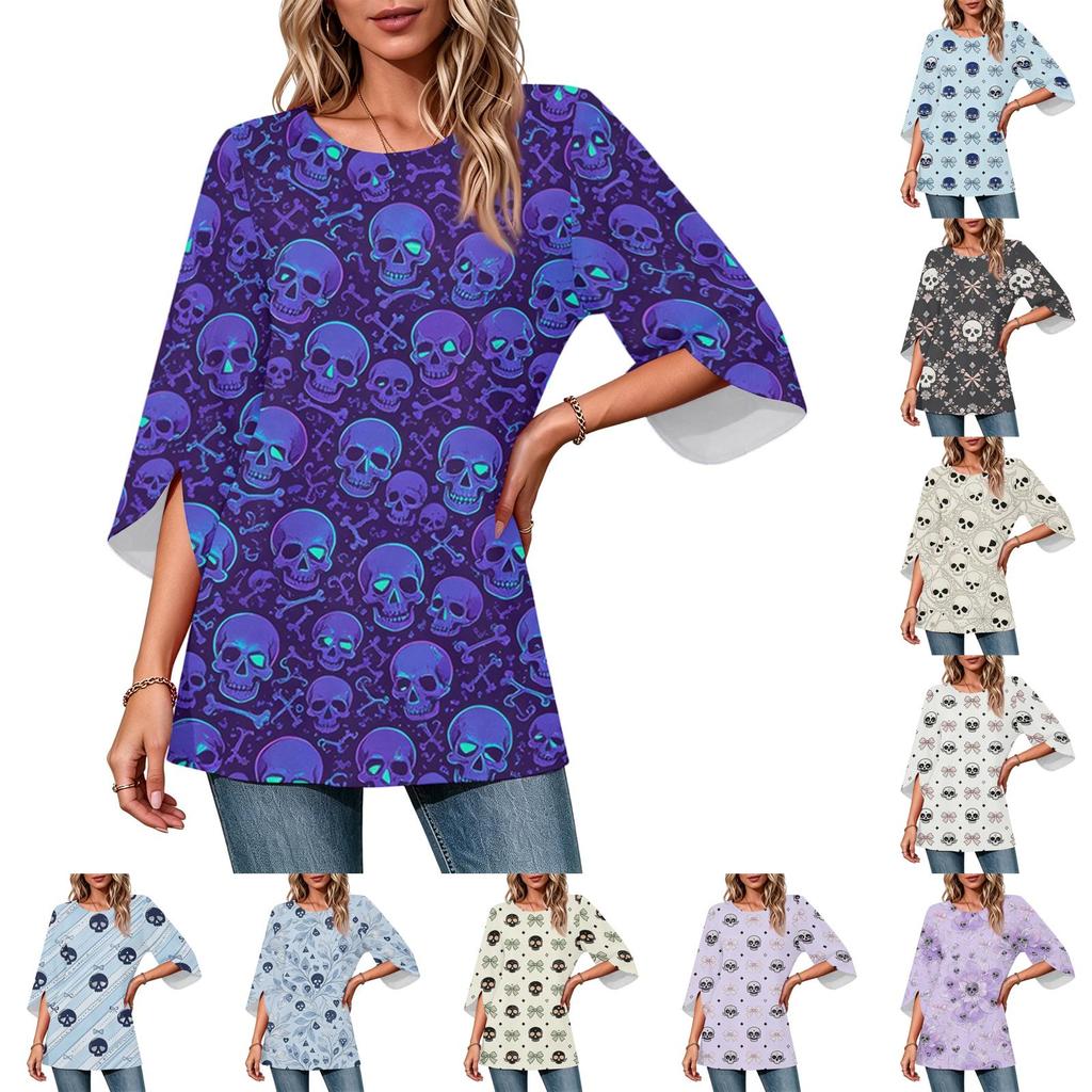 Women's Halloween Print Casual Loose Fit Three-Quarter Sleeve Round Neck Top