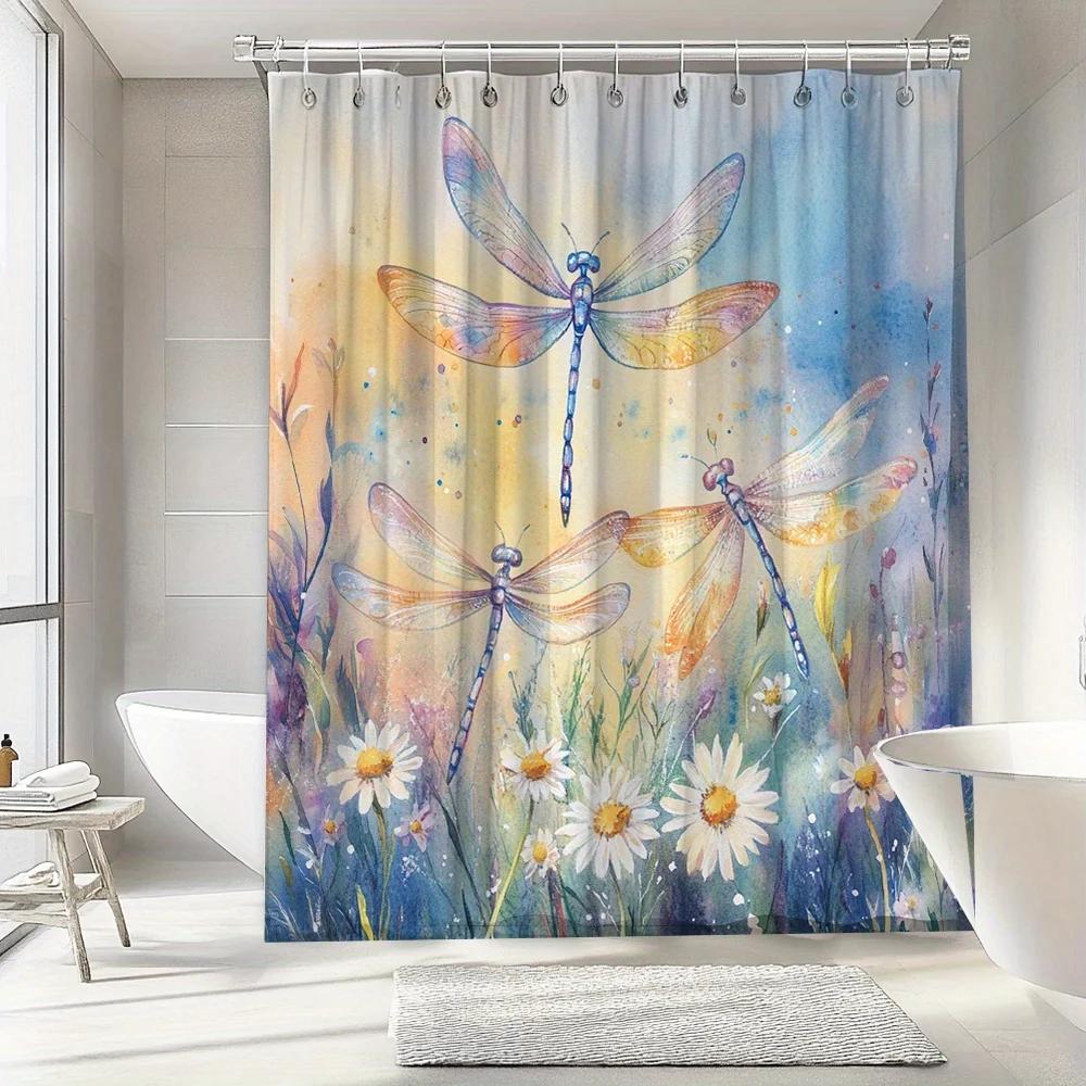 Blue Grass Dragonfly Shower Curtain - Natural Watercolor Landscape, Polyester, 12 Hooks, Enhances Bath Dcor