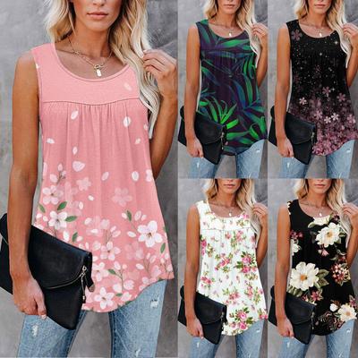 Ladies Casual Plus Size Loose Tank Top Flower Print Sleeveless Pleated T-Shirt