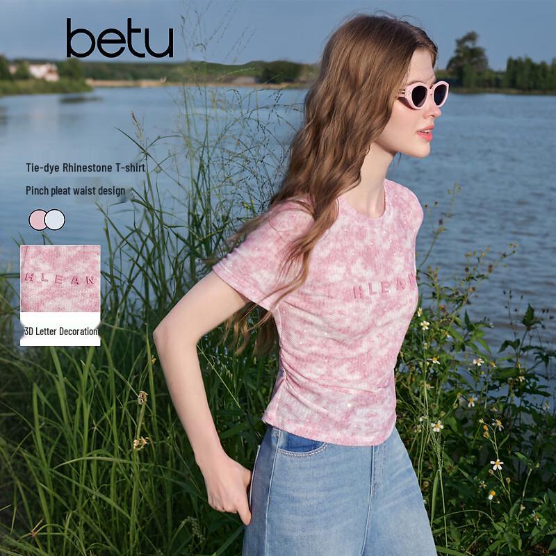Betu Women s 2026 Summer Tie-Dye Rhinestone Letter Short Sleeve T-Shirt L