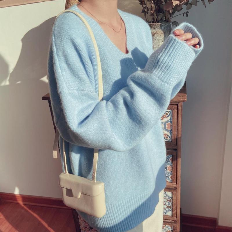 Mohair Gentle Jumper Sweater Women's Fall and Winter V-neck Pullover Loose Lazy Wind Soft Knitted Long-sleeved Blouse