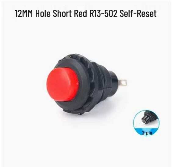 12mm DS-502 Round Head Non-Locking Momentary Button Switch, Self-Resetting, Normally Open, in Red, Yellow, Blue, and White