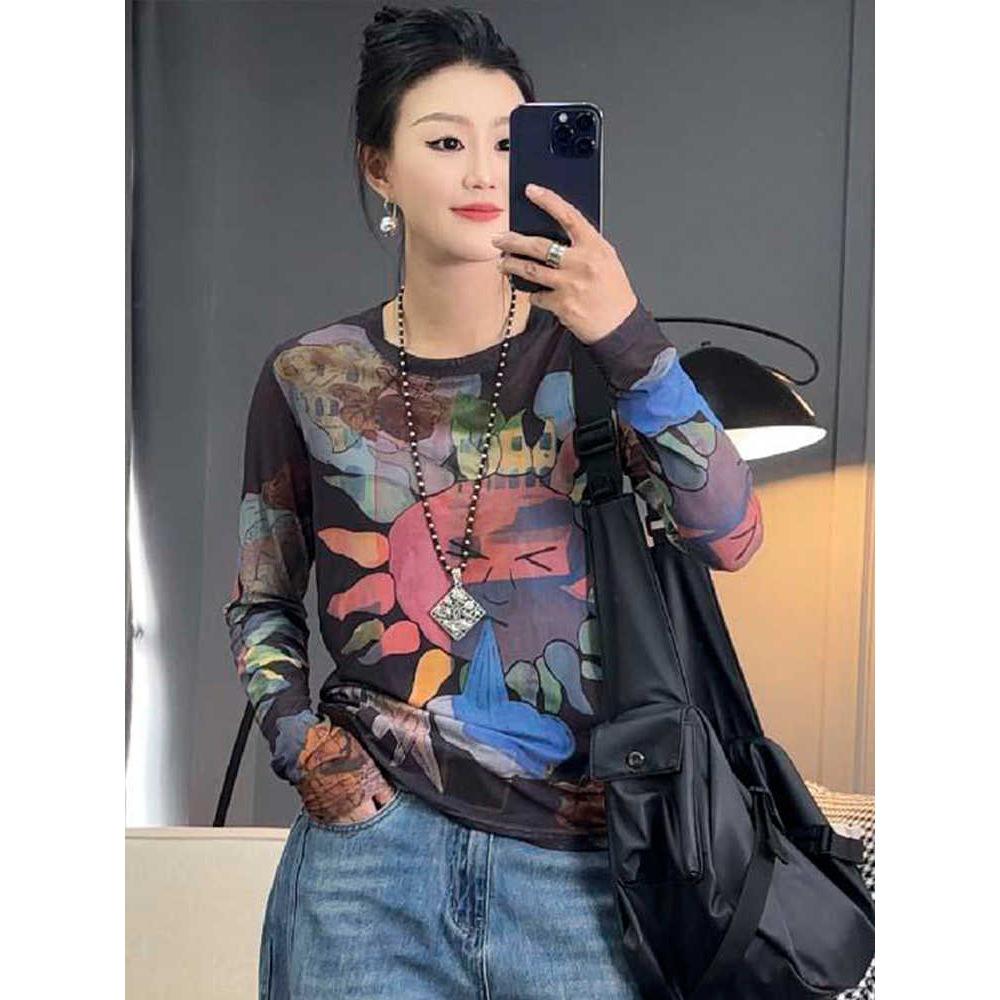 2025 Summer European-Style Women's Mesh Sun Protection Graffiti Print Casual T-Shirt