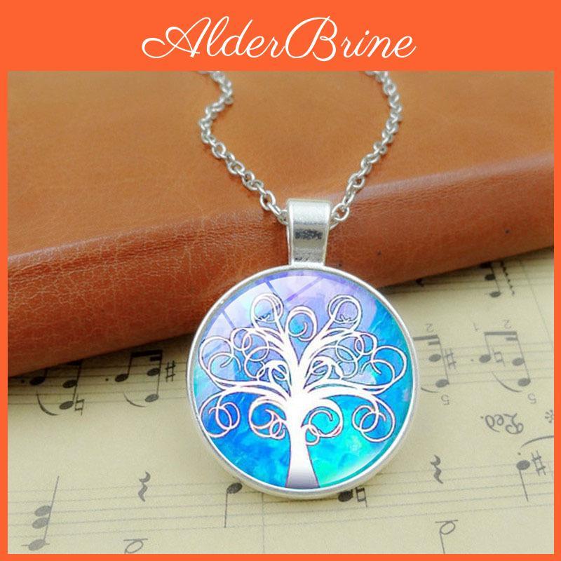 Timeless Classic Tree Pattern Pendant Necklace Featuring A Stunning Glass Cabochon Design