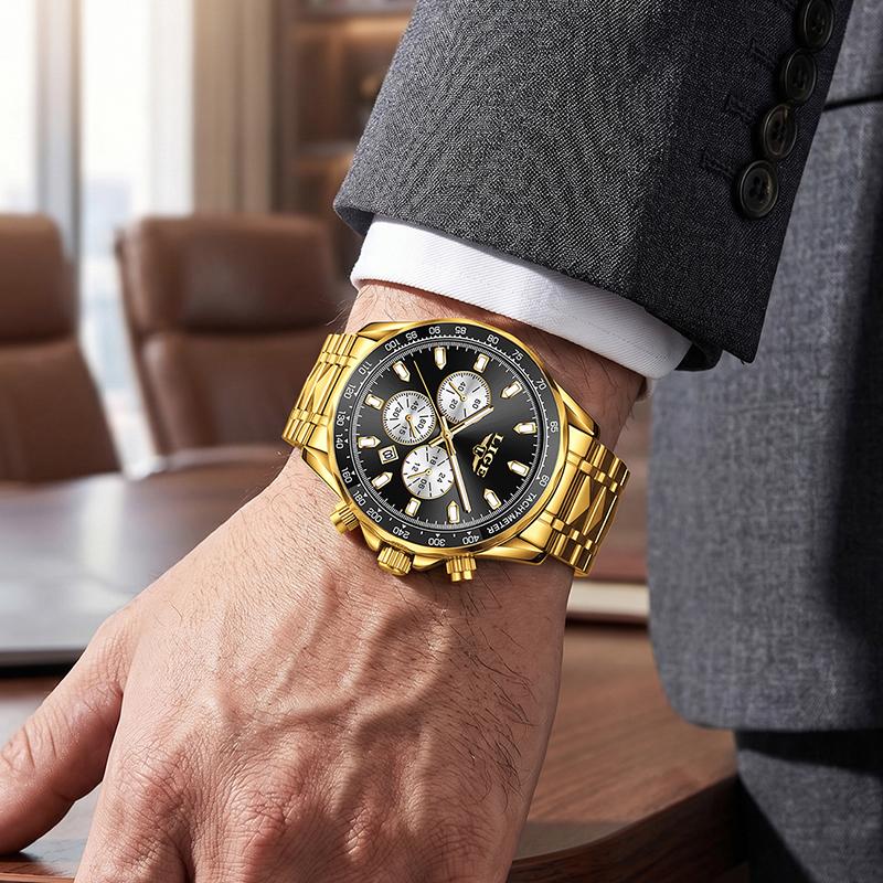 LIGE New Luxury Gold Men Watch Outdoor Sports Wateproof Chronograph Quartz Wristwatch Business Sport Male Clock Montre Homme+BOX