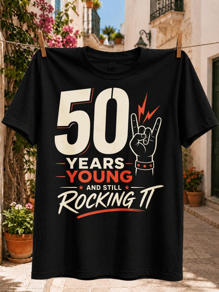 50 Years Young And Still Rocking Quote Graphic Large Cream 50 Rock Hand Sign Red Lightning And Unisex All Tshirt
