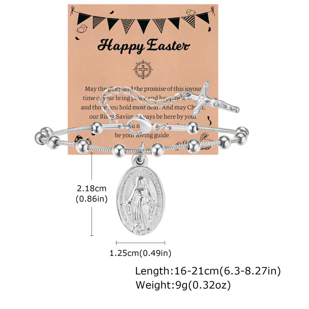 Vnox Rosary Bracelet with Easter Card, Gold Sliver Color Stainless Steel Religious Cross Virgin Mary Prayer Bracelets for Women
