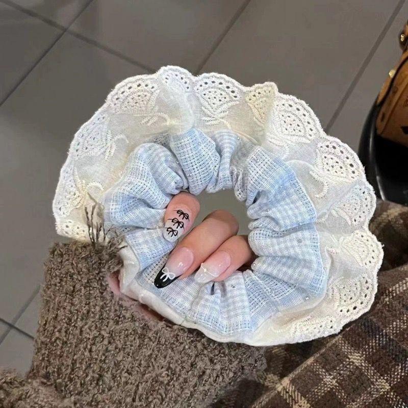 Korean-Style British Blue Plaid Hair Tie - French Retro Lace Design for Children