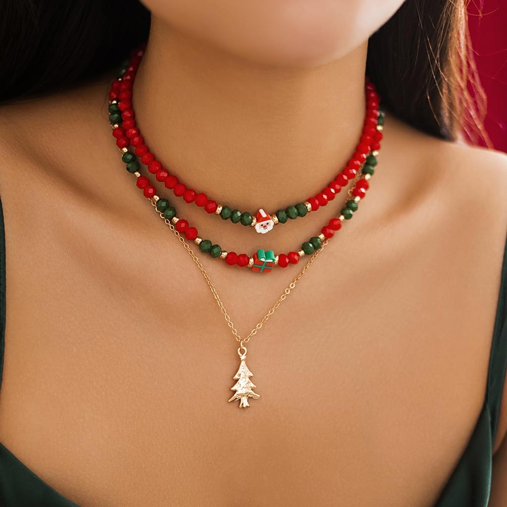 Korean Cute Red/Green Crystal Beaded Clavicle Necklace Fashion Metal Christmas Tree Snowman Pendant Necklace Christmas Jewelry