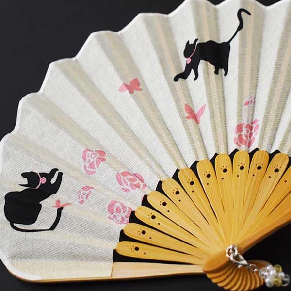 [Stylish Kimono Iroha] Cat and Butterfly Fan, Women's Fabric-Covered Fan (Yellow)