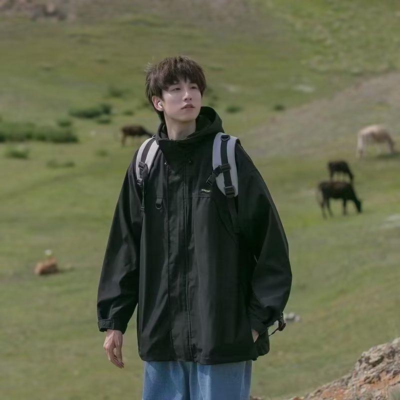 

Мужская куртка с капюшоном, зеленая, черная, ветровка, весна-осень, мужской тренчкот XS чёрный