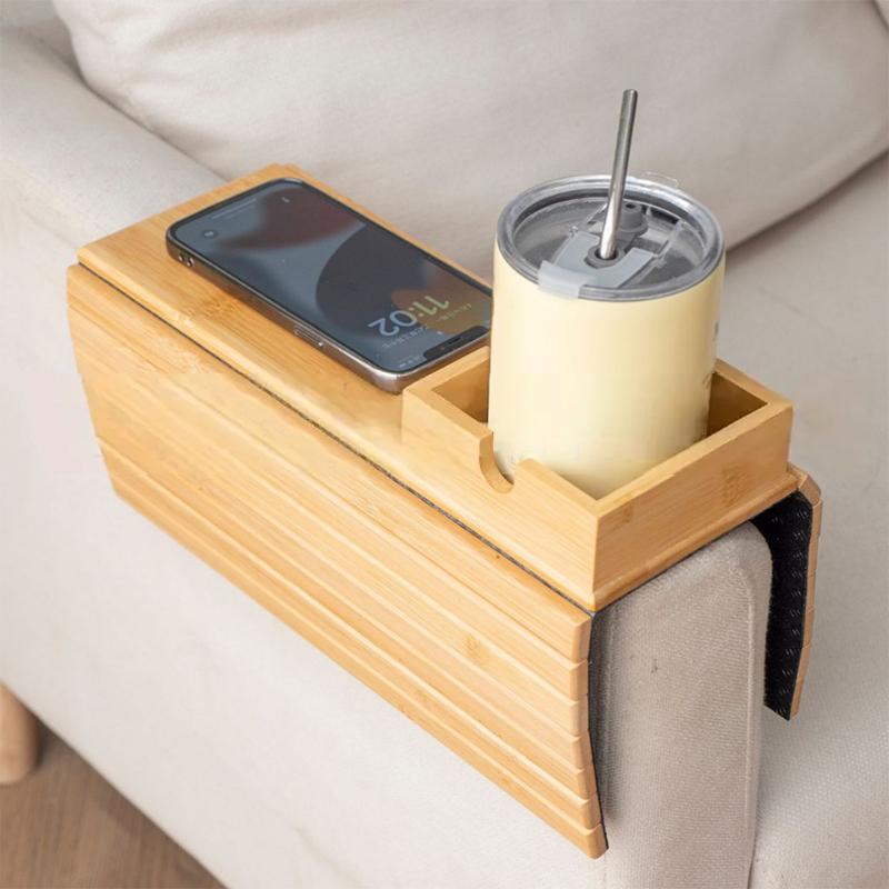Supporto per tazza da divano in bambù naturale antiscivolo, vassoio per bracciolo del divano, pieghevole, multifunzionale, per tazze, telecomando