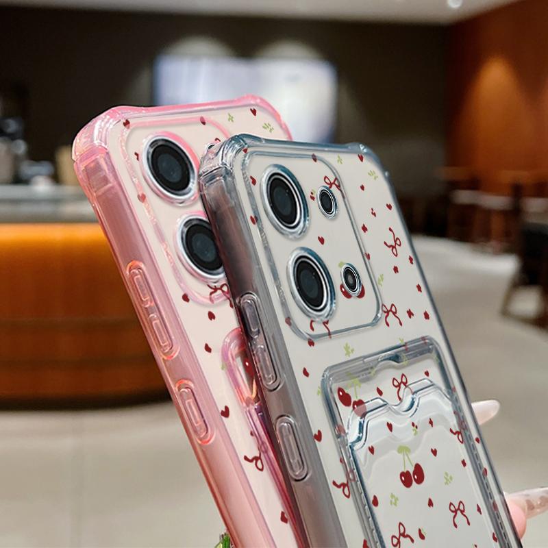 Motif Nœud Cerise Fente pour Carte Étui en Silicone Souple Pour Xiaomi 14T 13T Pro Poco F6 Pro X6 C65 Redmi Note 13 12 Pro 11 Housse de Téléphone Transparente Antichoc