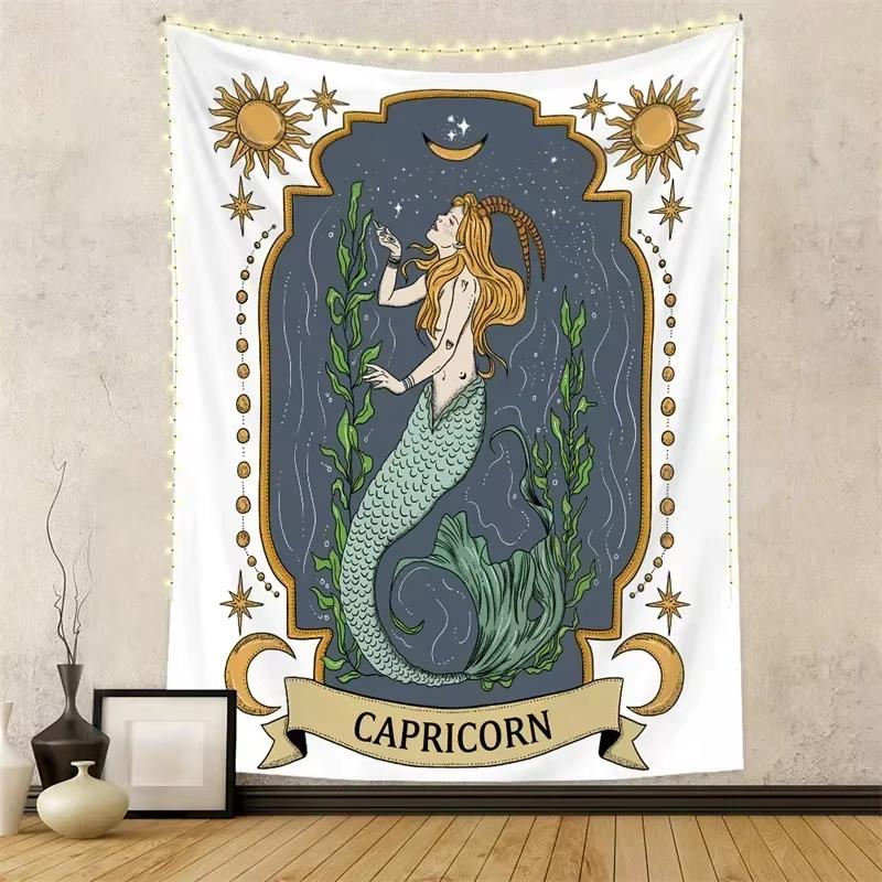 Twelve Constellations Wall Tapestry Hanging Tarot Hippie Wall Rugs Moon Sun Wall Art Decor Background Cloth Mandala Home Decor