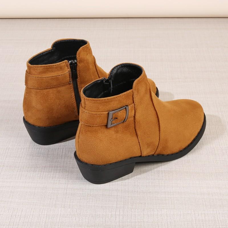 Western Booties Fall Winter New Round Toe Scrub Fleece Side Zip Metal Buckle Soft Sole Block Heel Shoes