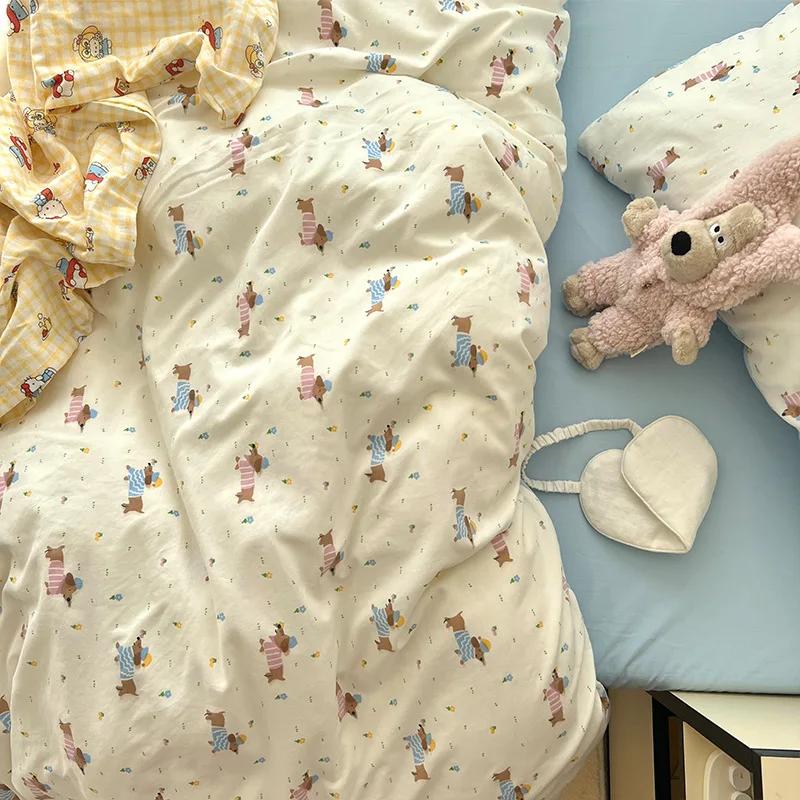 Cartoon Pattern Printed Super Soft Bedding Sets Washed Cotton Cozy Breathable Bedsheet with Pillowcase Adult Child Comfort Set