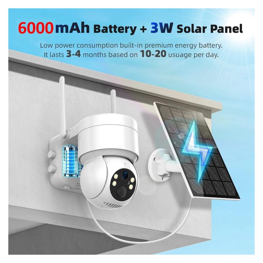 Caméras de Sécurité Solaires Sans Fil Extérieur, Caméra WiFi 2K 2.4G avec Panneau Solaire et Alimentation par Batterie, Vision Nocturne Couleur avec Projecteur, PTZ 360°
