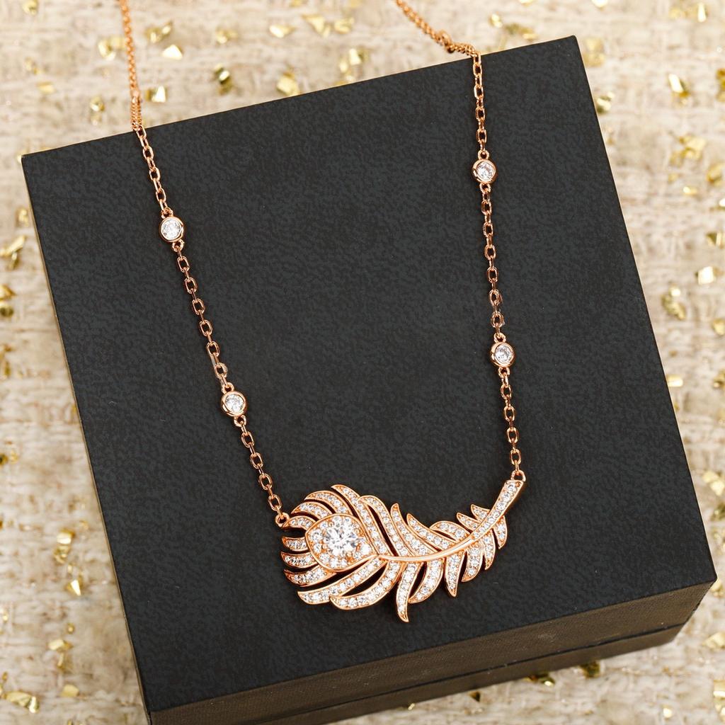 Hot Brand Vintage Full Diamond Women's Necklace Luxury Jewelry for Women Feather Designer Pendant Pure 925 Silverparty  Necklace