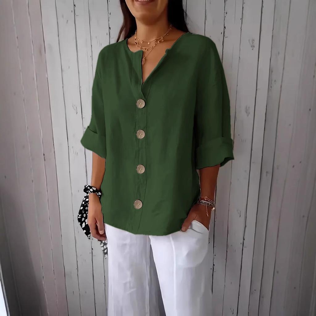 2025 Neues Sommer Lockeres T-Shirt Damen V-Ausschnitt Baumwolle und Leinen Knopf-Tops