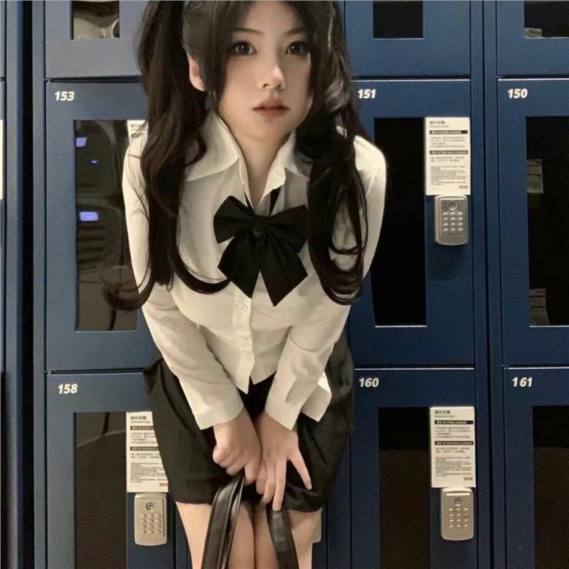 

JK Uniform Slim Fit Waist-Gathering Long Sleeve Top & Pleated Skirt Set - Women s Hot Girl Academy Style Two-Piece. 2XL