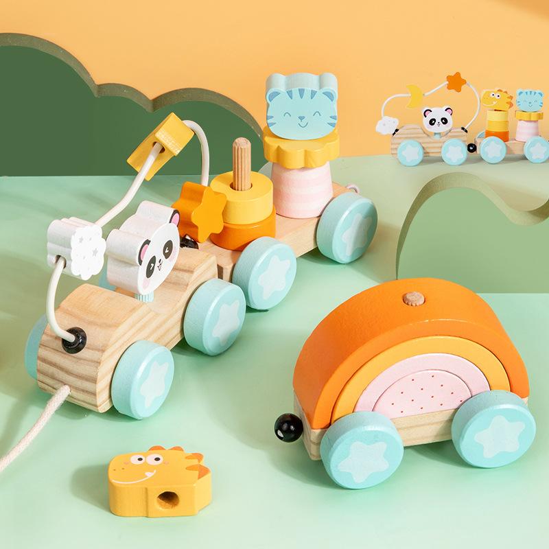 Baby Wooden Drag Toddler Train Animal Rainbow Brick Shape Matching Column Tractor Educational Toys