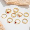 Bohemian Rhinestone Geometric Finger Rings Set For Women Red Crystal Heart Gold Color Chain Shaped Ring Female Party Jewelry