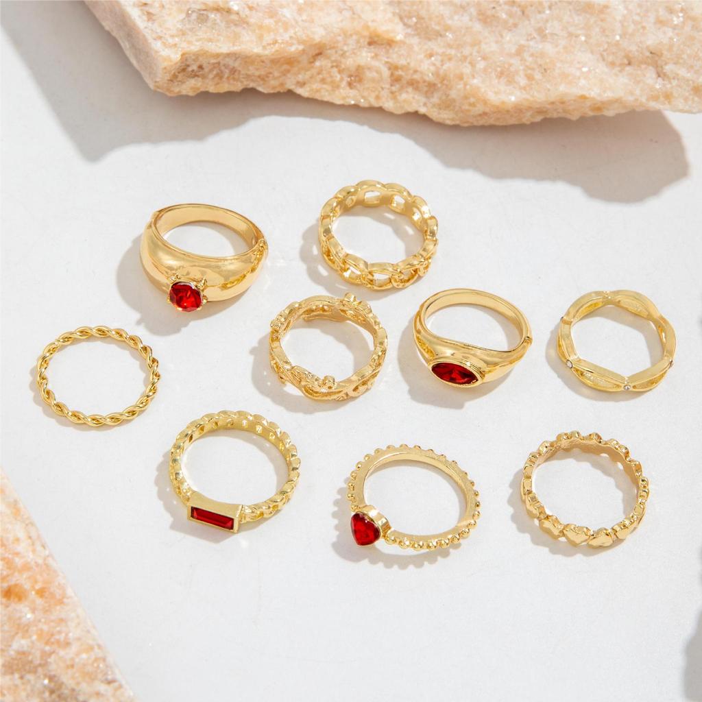 Bohemian Rhinestone Geometric Finger Rings Set For Women Red Crystal Heart Gold Color Chain Shaped Ring Female Party Jewelry