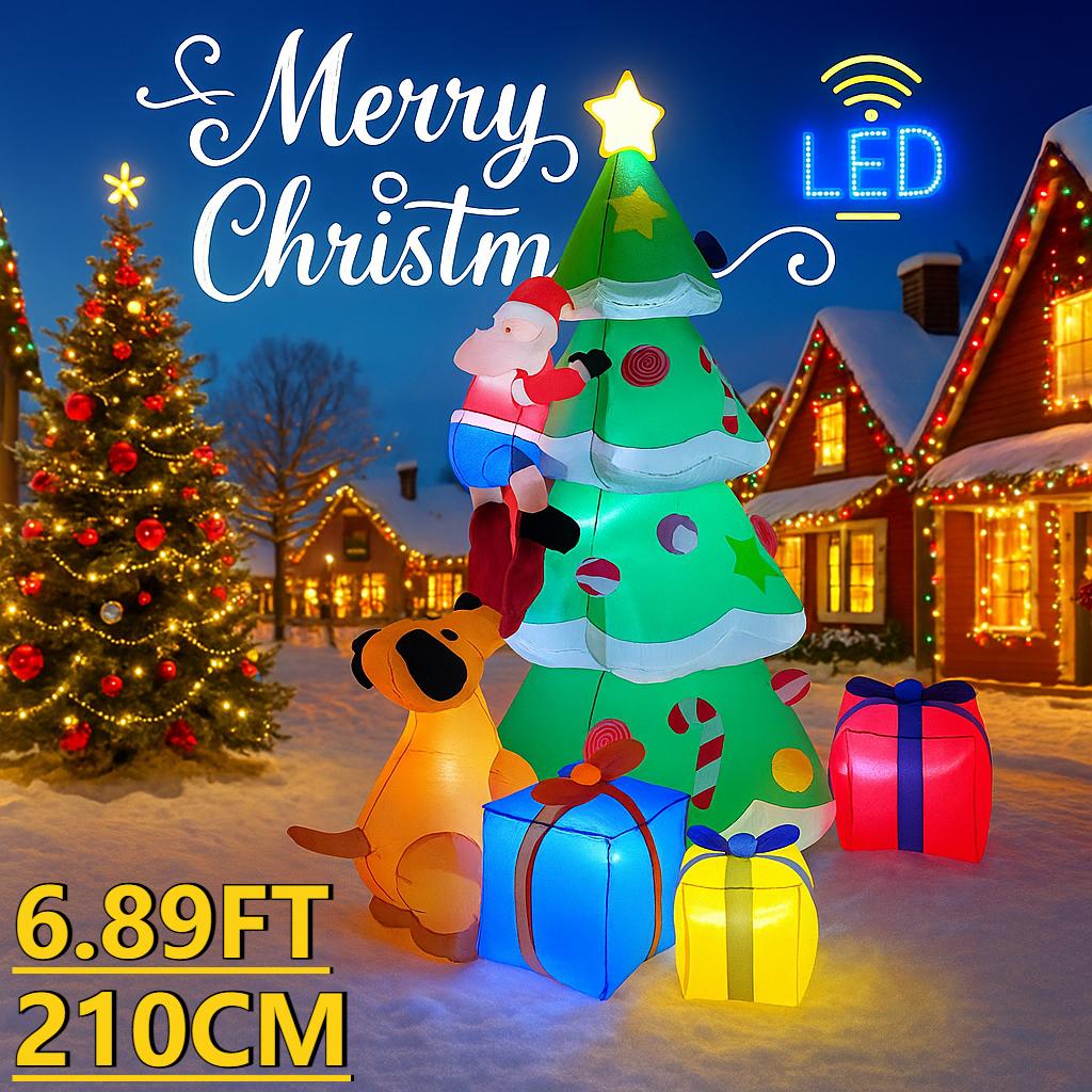 

6.89ФТ Рождественские надувные игрушки Светодиодная подсветка Набор елки Санта Клаус Собака Коробка для подарков Принадлежности Украшение Праздничный подарок Рождественский декор для двора EU