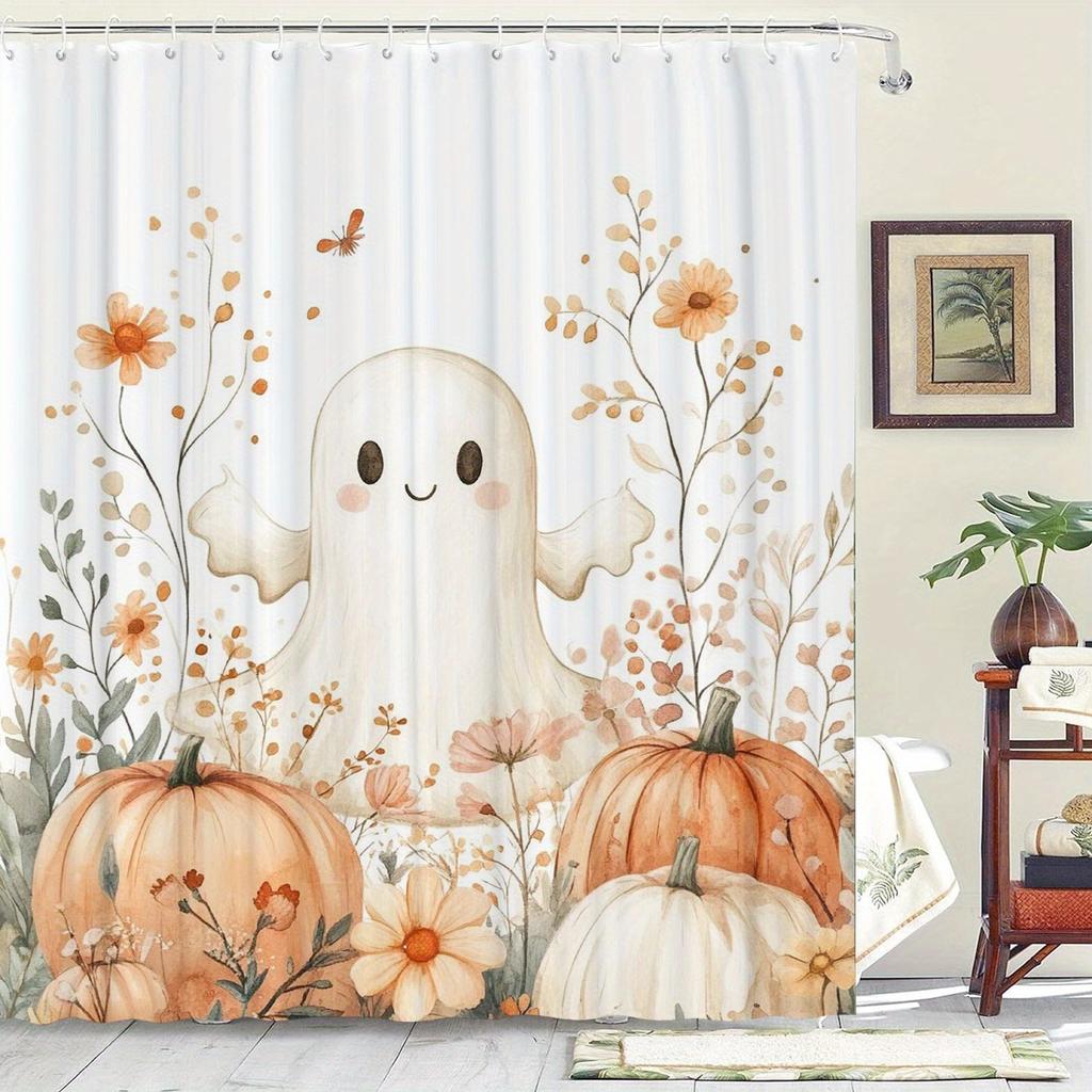 Ghost and Pumpkin Shower Curtain - Artistic Floral Theme Machine Washable with 12 Hooks for Home and Hotel