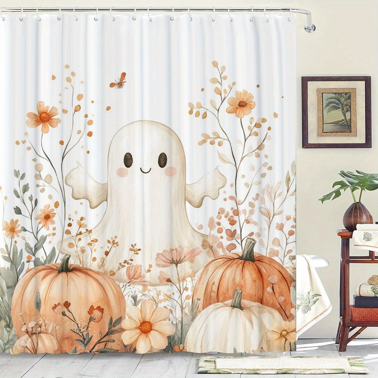 

Ghost & Pumpkin Shower Curtain – Artistic Floral Design, Water-Resistant Non-Woven Fabric with 12 Hooks for Home or Hotel Use W90xH180cm
