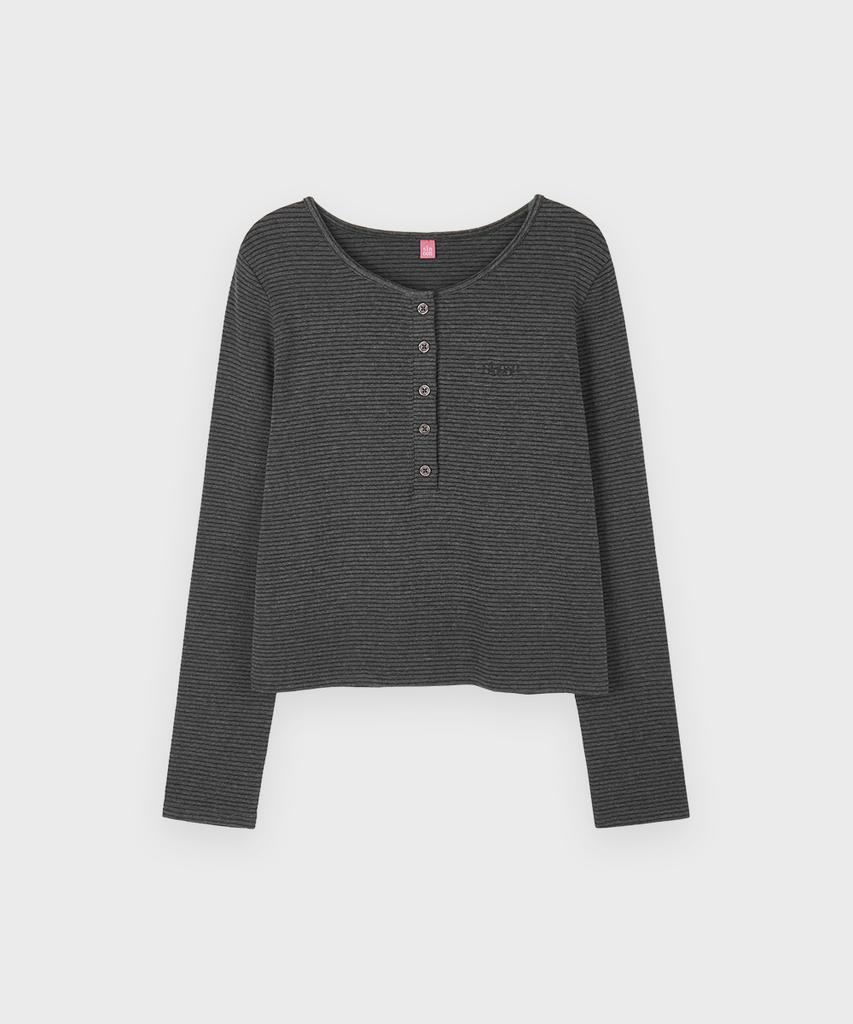 SINOON Sn Henley Neck Stripe Long Sleeve T-Shirt (Dark Melange Gray)