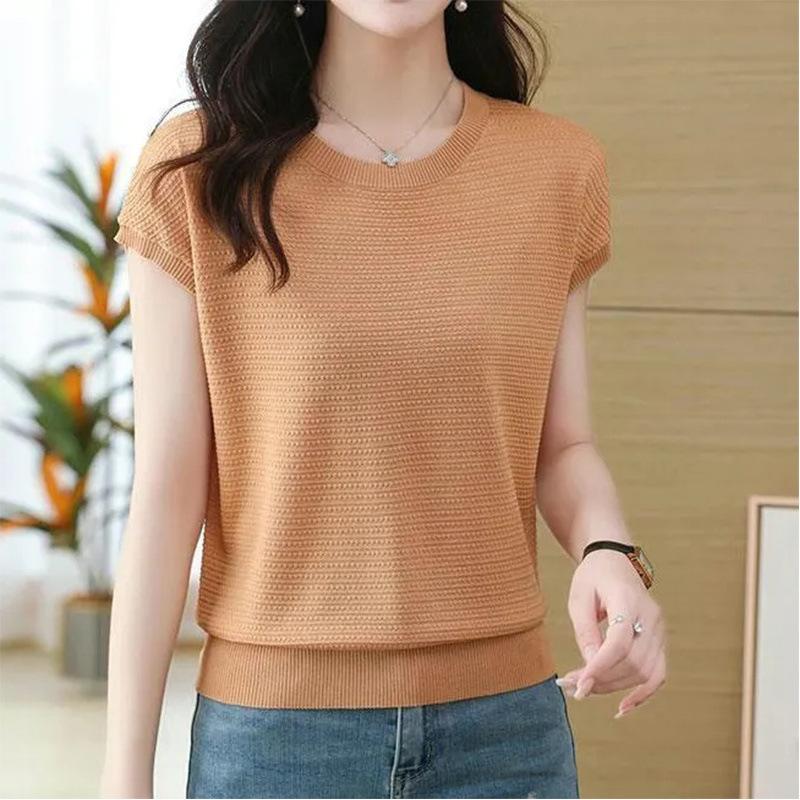Women Crew Neck Batwing Cap Sleeve Textured Knit Top Solid Color Casual Summer Pullover Blouse S оранжевый