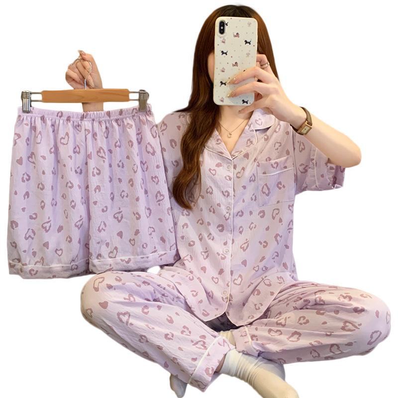 Amerikanische Lila Liebe Leopardendruck Sommerpyjama Damen Wolkenbaumwolle Kurzarm Loungewear Dreiteiliges Set