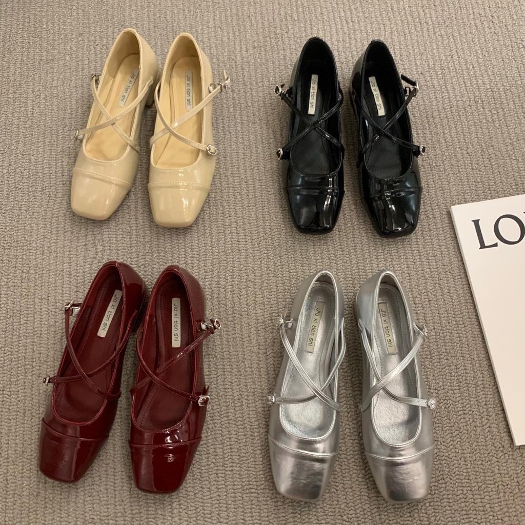Thick heeled cross silver Mary Jane square toe single shoes for women 2025 new spring evening gentle flat shoes