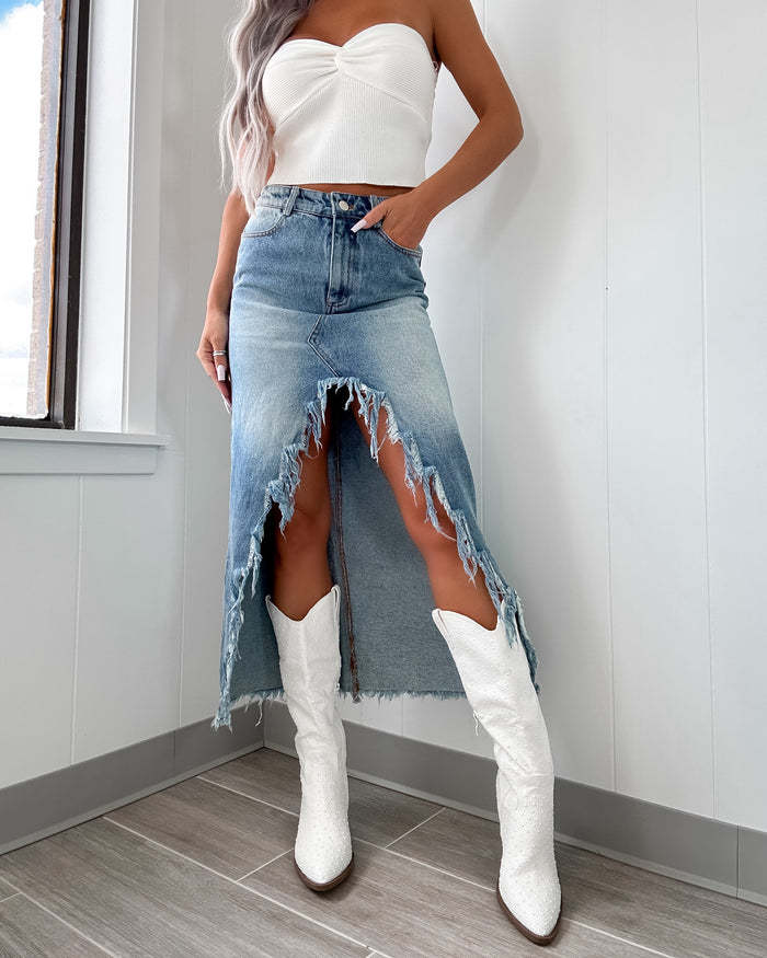 2026 spring women s new denim skirt high waist irregular rough edge old washed skirt women S