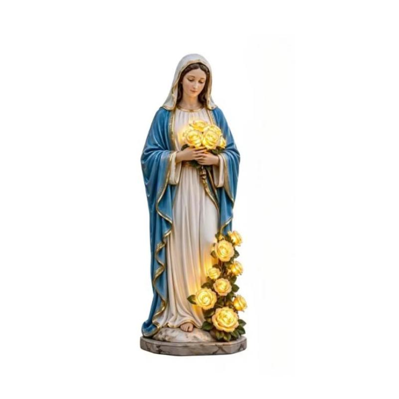 Estatua de María de Resina 1 Pieza con Rosas Amarillas Iluminadas por LED Figura Pintada a Mano para Altar Pequeño Montaje Religioso en Casa
