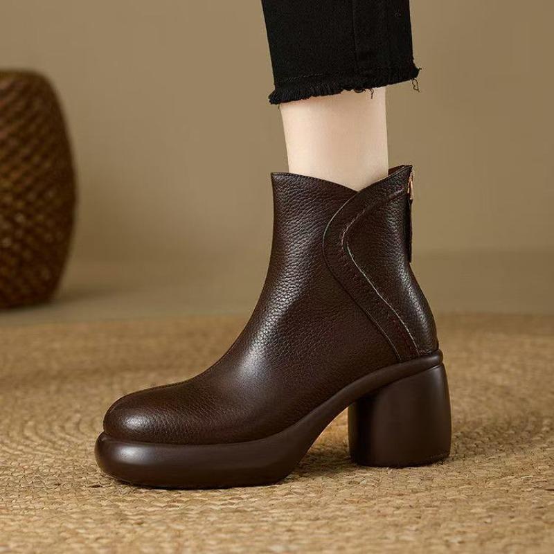 Brown round head short boots women's soft leather new thick-soled autumn and winter velvet rear zipper muffin bottom Martin boots thick heel