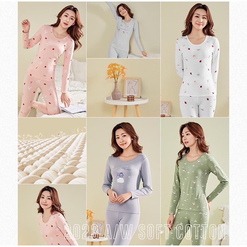 Autumn Winter Cotton Printed Floral Women Thermal Underwear Sets Slim Warm Suit