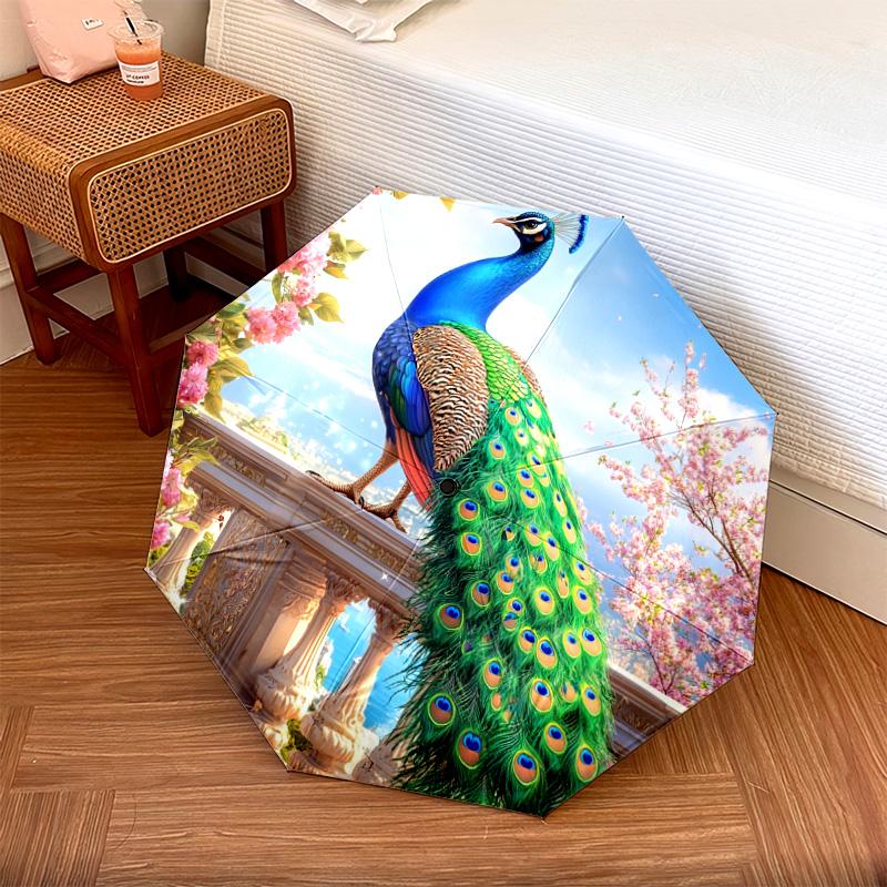 1 PC Automatic Folding Umbrella - Peacock Garden Pattern, Portable & Foldable Design with 8 Ribs, Christmas Birthday Gifts