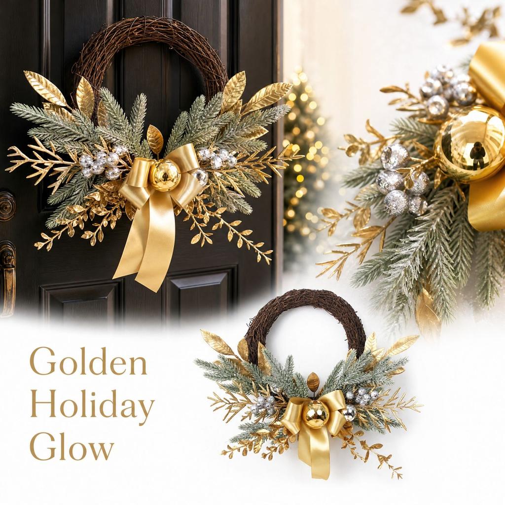 Christmas Gold Ball Wreath with Dried Branches, Gold Decoration Set for Door and Wall Hanging