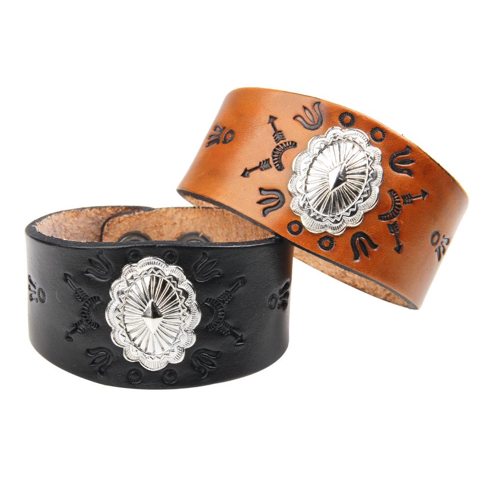 

Trendy Men s Genuine Leather Punk Retro Cowhide Bracelet with Embossed Totem чёрный