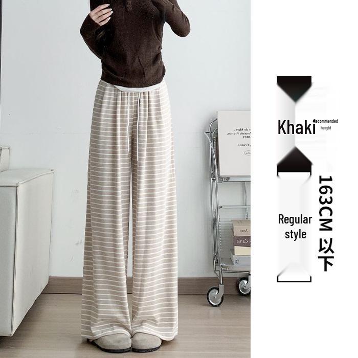 Autumn 2024 Women's Striped Wide-Leg Tie-Waist Pants - Casual, Floor-Length Trousers