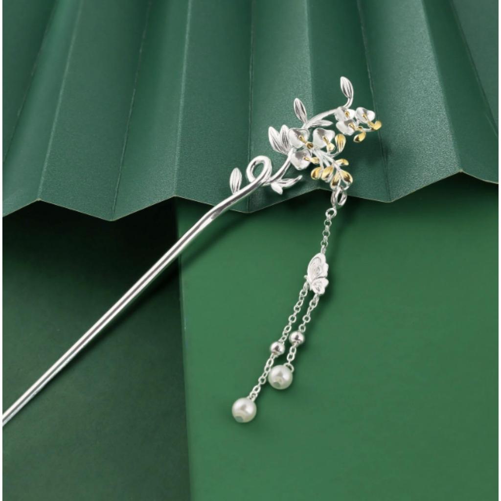 Miaomyao Japanese Hair Hair Accessory [Miaomyao] Hairpin, Style, Tomesode, Kimono, Ornament, Metal, Antique, Flower, Wisteria, Pearl, Silver,