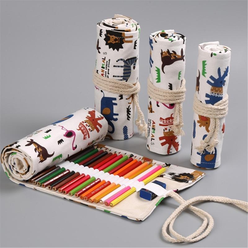 12/24/36/48 Holes Multifunctional Pencil Bag Canvas Pencil Case Lovely Animal Pencil Roll Canvas Pencil Wrap for Artists