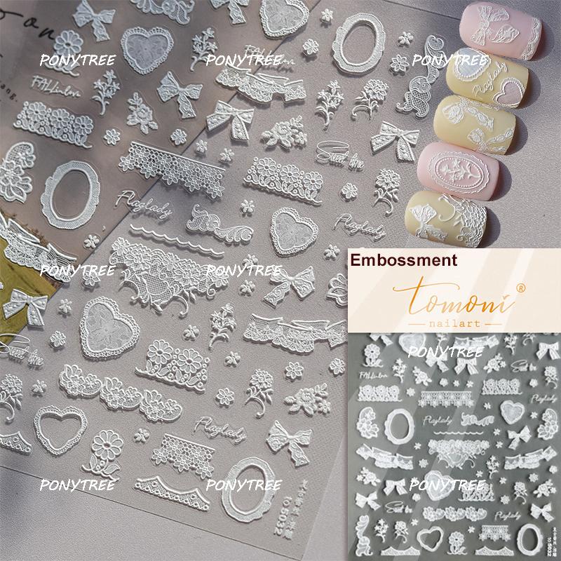 Delicate White Lace Bowknot Simulated Fabric Ribbon Silver Stamped Noble Rhinestone 5D Adhesive Nail Art Sticker Manicure Decal