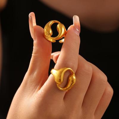 Doppel-Wassertropfen Hohl Verstellbarer Ring, 18 Karat Vergoldeter Titanstahl Schmuck.