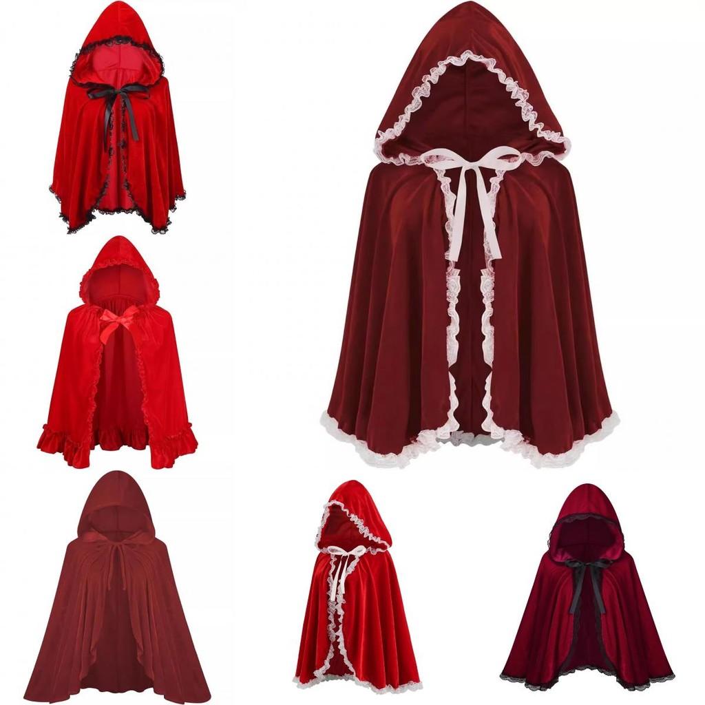 Lussuoso Mantello Corto con Cappuccio e Bordi in Pizzo Rosso Vino per Donna Perfetto per Halloween e Altro
