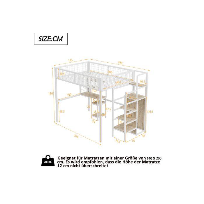 Lit mezzanine - MUVOE - 140x200 - Métal blanc - Échelle de sécurité - Table d'ordinateur intégrée