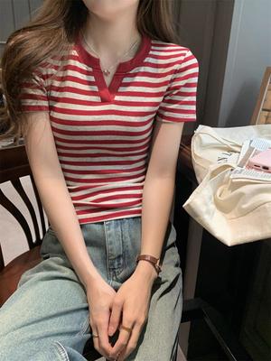 Camiseta de Manga Corta con Bloques de Color Rayados Spicy Girl, Verano 2026 Top Versátil Adelgazante para Mujer