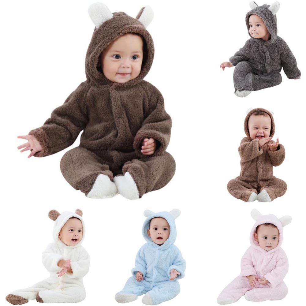 Baby Coral Fleece Hooded Romper - Long Sleeve, Warm Autumn/Winter Jumpsuit for Toddlers